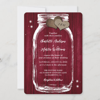 Rustic Burgundy Mason Jar Wood Wedding Invitation