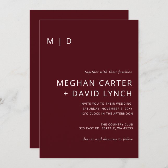 Rustic Burgundy Modern Monogram Wedding Invitation (Front/Back)