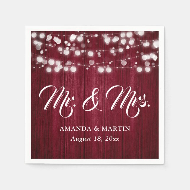 Rustic Burgundy Mr and Mrs Wedding Napkins (Front)