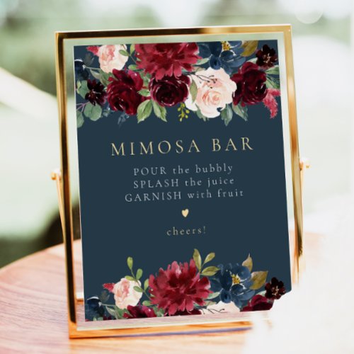 Rustic Burgundy  Navy Blue Floral Mimosa Bar Sign