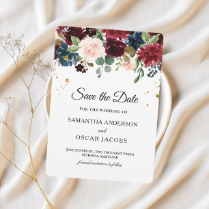 Rustic Burgundy & Navy Blue Floral Save The Date