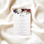 Rustic Burgundy Navy Blue Floral Wedding Menu<br><div class="desc">Enhance the ambiance of your rustic fall wedding with a beautifully crafted wedding menu card that captures the essence of your special day. At the top of this elegant menu, a watercolor floral illustration bursts to life, featuring a harmonious blend of burgundy, navy blue, and blush flowers—perfectly reflecting the rich,...</div>