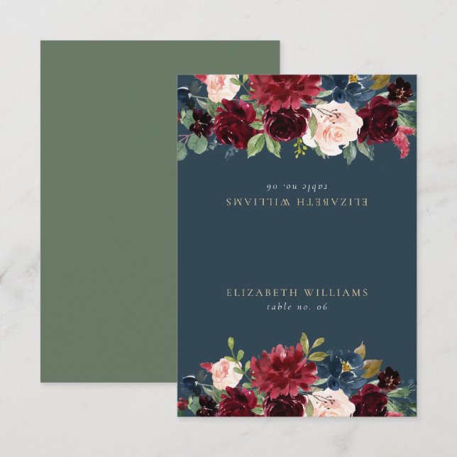 Rustic Burgundy & Navy Blue Guest Name Place Card (Front/Back)
