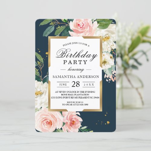 Rustic Burgundy Navy Blue  Pink Floral Gold Frame Invitation