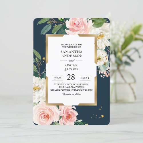 Rustic Burgundy Navy Blue  Pink Floral Gold Frame Invitation