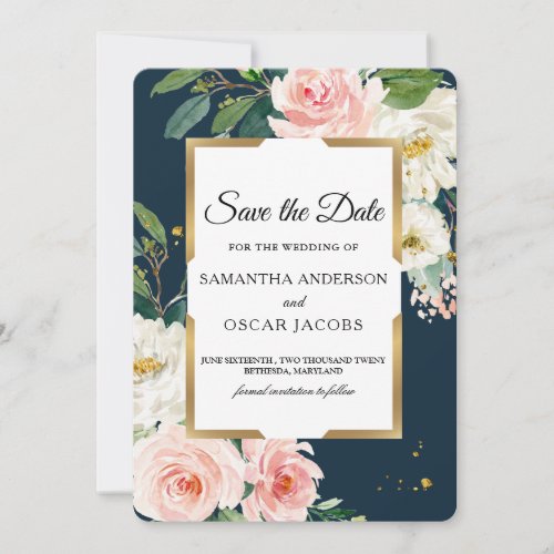 Rustic Burgundy Navy Blue  Pink Floral Gold Frame Save The Date