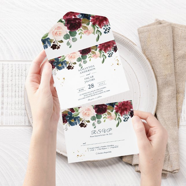 Rustic Burgundy Navy Blue & Red Beauty Flowers  All In One Invitation (Creator Uploaded)