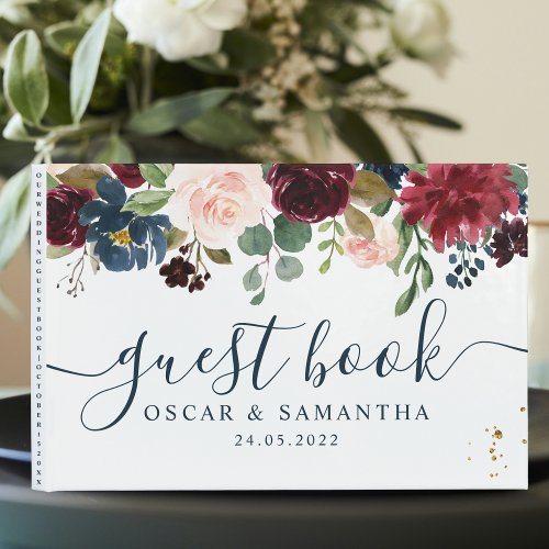 Rustic Burgundy Navy Blue  Red Beauty Flowers  Guest Book