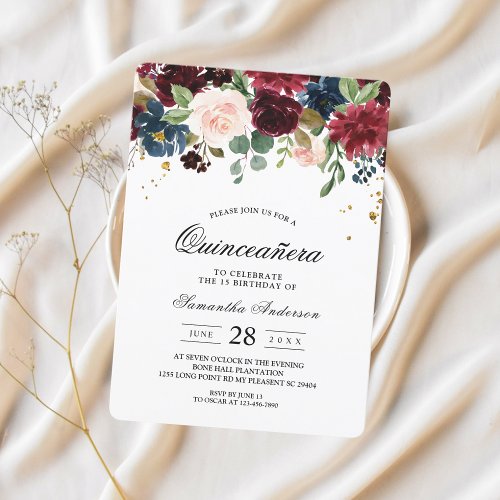 Rustic Burgundy Navy Blue  Red Beauty Flowers  Invitation