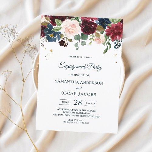 Rustic Burgundy Navy Blue  Red Beauty Flowers  Invitation