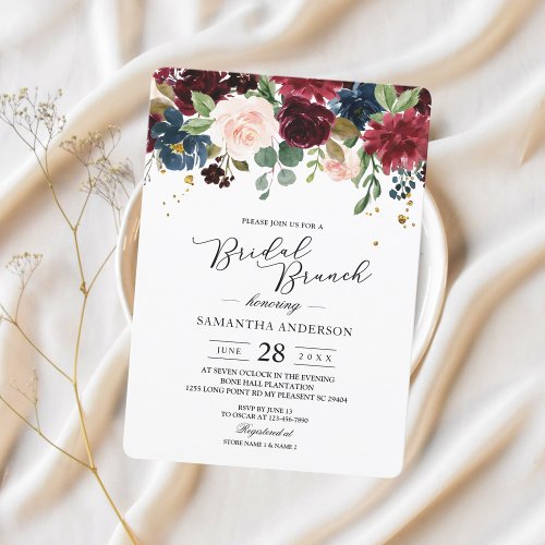 Rustic Burgundy Navy Blue  Red Beauty Flowers  Invitation