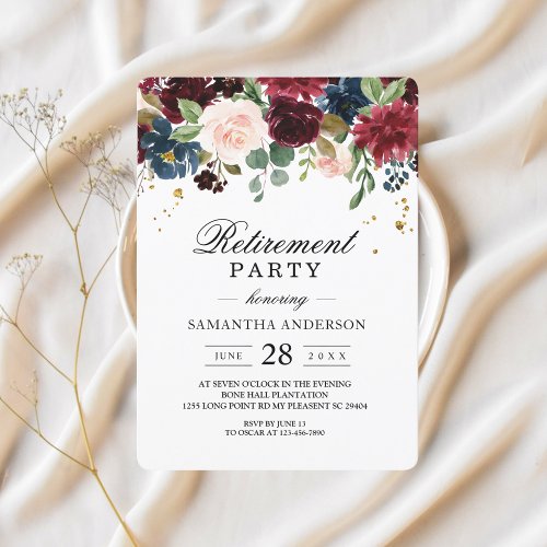 Rustic Burgundy Navy Blue  Red Beauty Flowers  Invitation