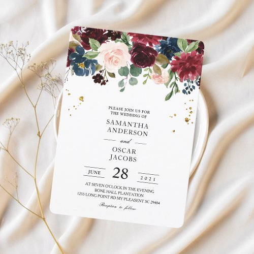 Rustic Burgundy Navy Blue  Red Beauty Flowers  Invitation