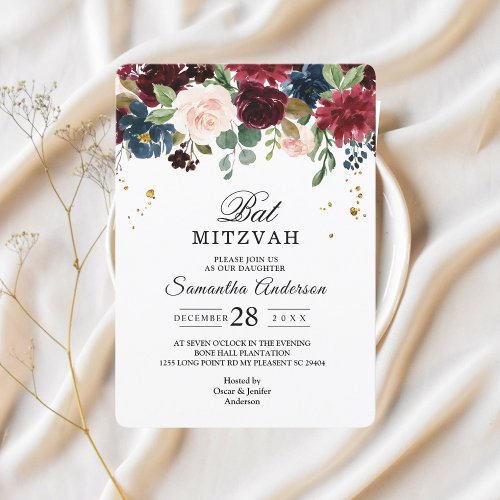 Rustic Burgundy Navy Blue  Red Beauty Flowers  Invitation