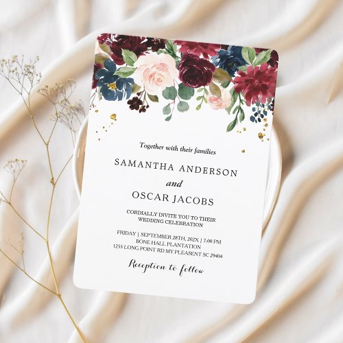 Rustic Burgundy Navy Blue  Red Beauty Flowers  Invitation