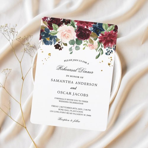 Rustic Burgundy Navy Blue  Red Beauty Flowers  Invitation