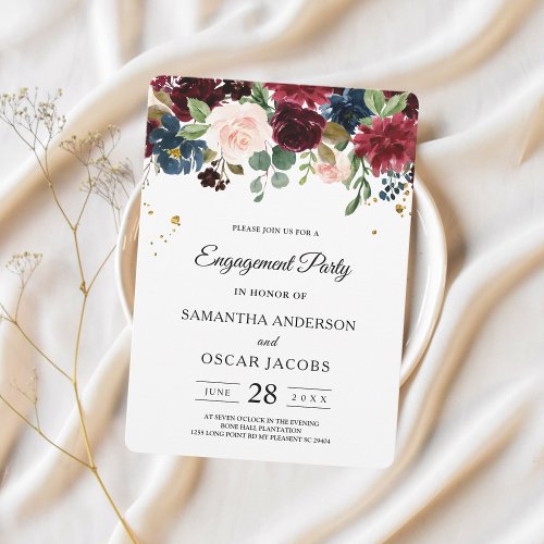 Rustic Burgundy Navy Blue  Red Beauty Flowers  Invitation