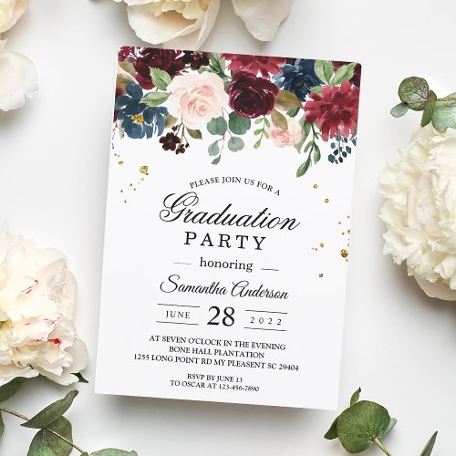 Rustic Burgundy Navy Blue  Red Beauty Flowers  Invitation