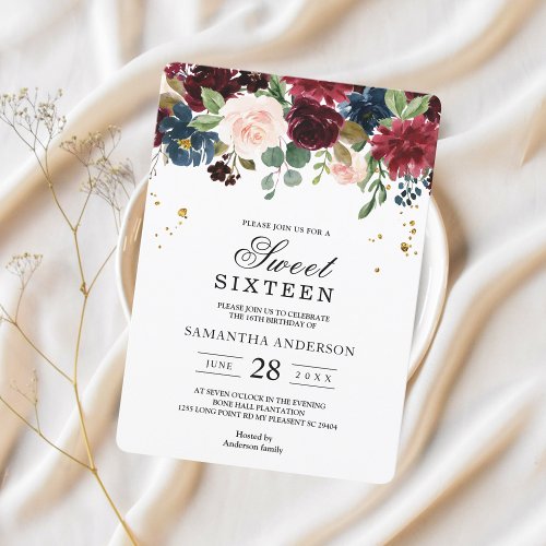 Rustic Burgundy Navy Blue  Red Beauty Flowers  Invitation