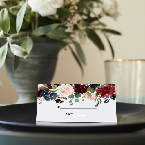 Rustic Burgundy Navy Blue  Red Beauty Flowers  Place Card