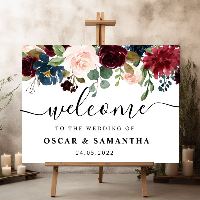 Rustic Burgundy Navy Blue & Red Beauty Flowers  Sign (Creator Uploaded)