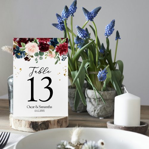 Rustic Burgundy Navy Blue  Red Beauty Flowers  Table Number