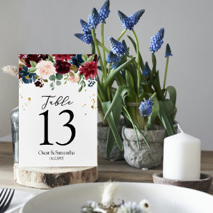 Rustic Burgundy Navy Blue & Red Beauty Flowers  Table Number