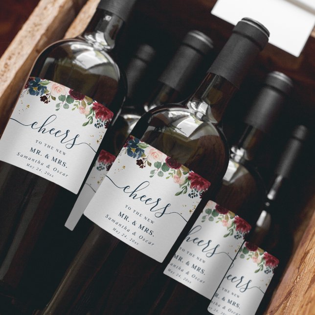 Rustic Burgundy Navy Blue & Red Beauty Flowers  Wine Label (Creator Uploaded)