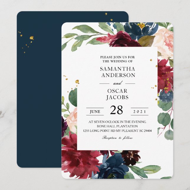 Rustic Burgundy Navy Blue & Red Floral Frame Invitation (Front/Back)