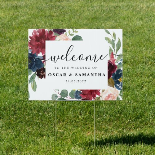 Rustic Burgundy Navy Blue  Red Floral Frame Sign