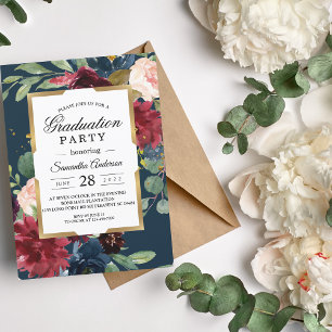 Rustic Burgundy Navy Blue & Red Floral Gold Frame Invitation