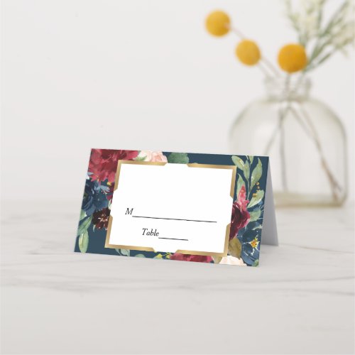 Rustic Burgundy Navy Blue  Red Floral Gold Frame Place Card