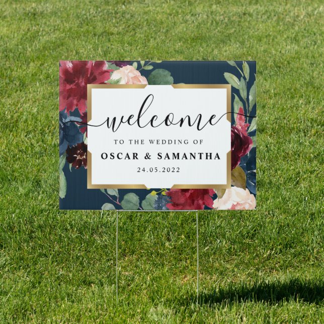 Rustic Burgundy Navy Blue & Red Floral Gold Frame Sign (Insitu)