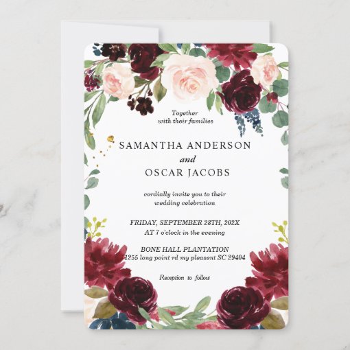 Rustic Burgundy Navy Blue & Red Flowers Frame Invitation | Zazzle