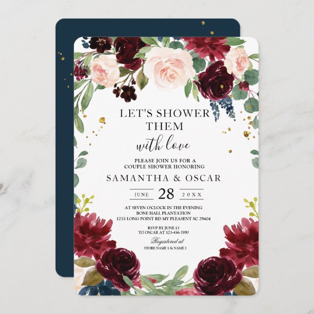 Rustic Burgundy Navy Blue & Red Flowers Frame Invitation (Front/Back)