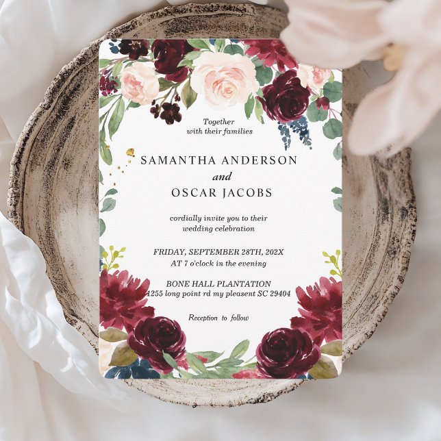 Rustic Burgundy Navy Blue & Red Flowers Frame Invitation (Creator Uploaded)