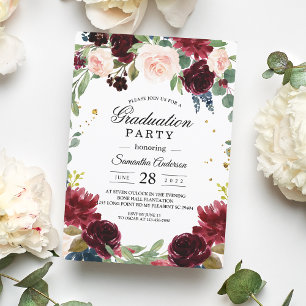 Rustic Burgundy Navy Blue & Red Flowers Frame Invitation