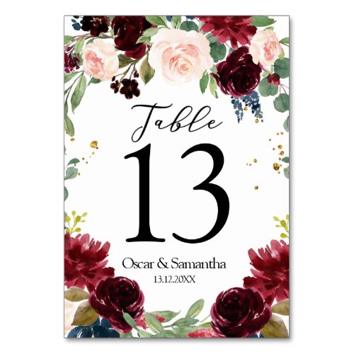 Rustic Burgundy Navy Blue  Red Flowers Frame Table Number