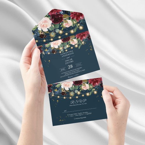 Rustic Burgundy Navy Blue  Red  Flowers   Lights All In One Invitation