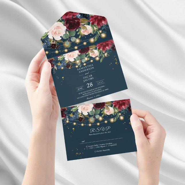 Rustic Burgundy Navy Blue & Red  Flowers  & Lights All In One Invitation (Creator Uploaded)