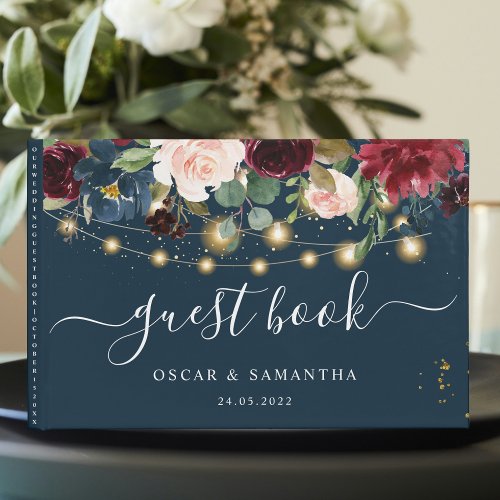 Rustic Burgundy Navy Blue  Red  Flowers  Lights Guest Book