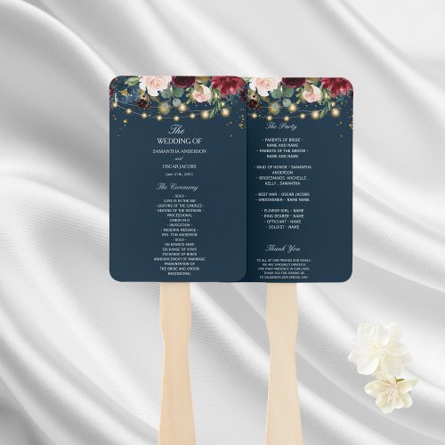 Rustic Burgundy Navy Blue  Red  Flowers   Lights Hand Fan