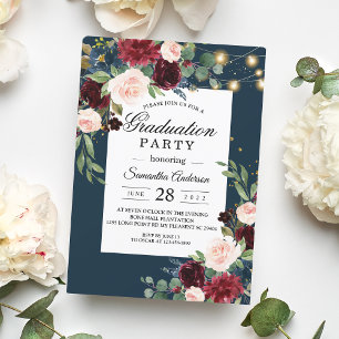 Rustic Burgundy Navy Blue & Red Flowers & Lights Invitation