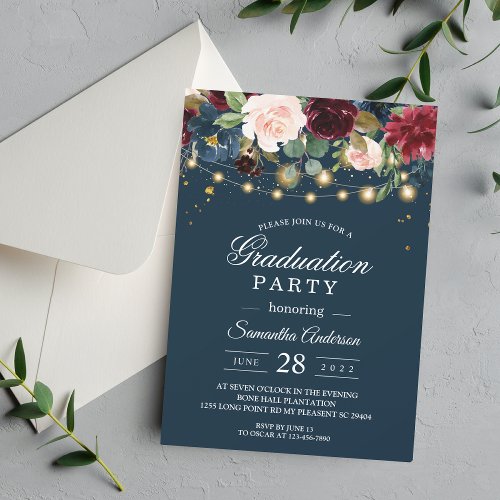 Rustic Burgundy Navy Blue  Red  Flowers   Lights Invitation