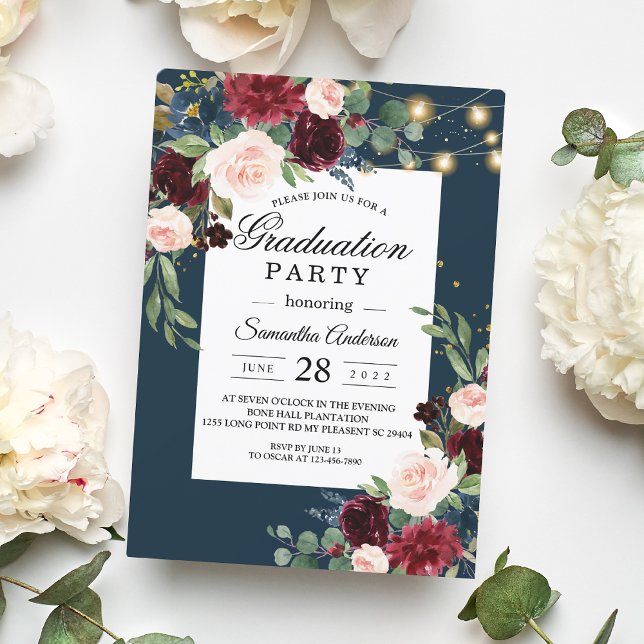 Rustic Burgundy Navy Blue & Red Flowers  & Lights Invitation (Creator Uploaded)
