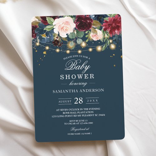 Rustic Burgundy Navy Blue  Red  Flowers   Lights Invitation