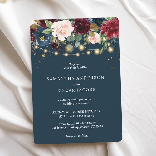 Rustic Burgundy Navy Blue  Red  Flowers   Lights Invitation