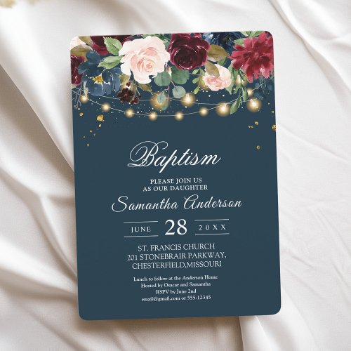 Rustic Burgundy Navy Blue  Red  Flowers   Lights Invitation