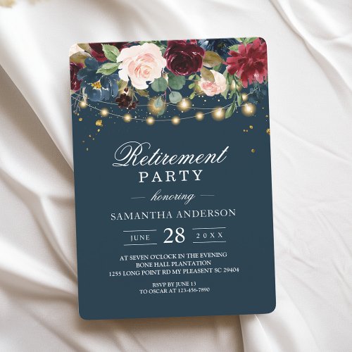 Rustic Burgundy Navy Blue  Red  Flowers   Lights Invitation