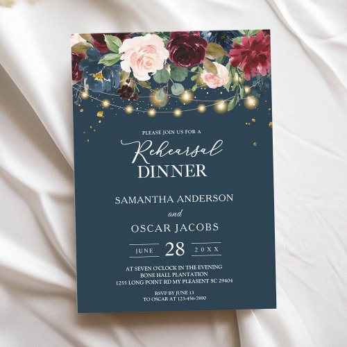 Rustic Burgundy Navy Blue  Red  Flowers   Lights Invitation